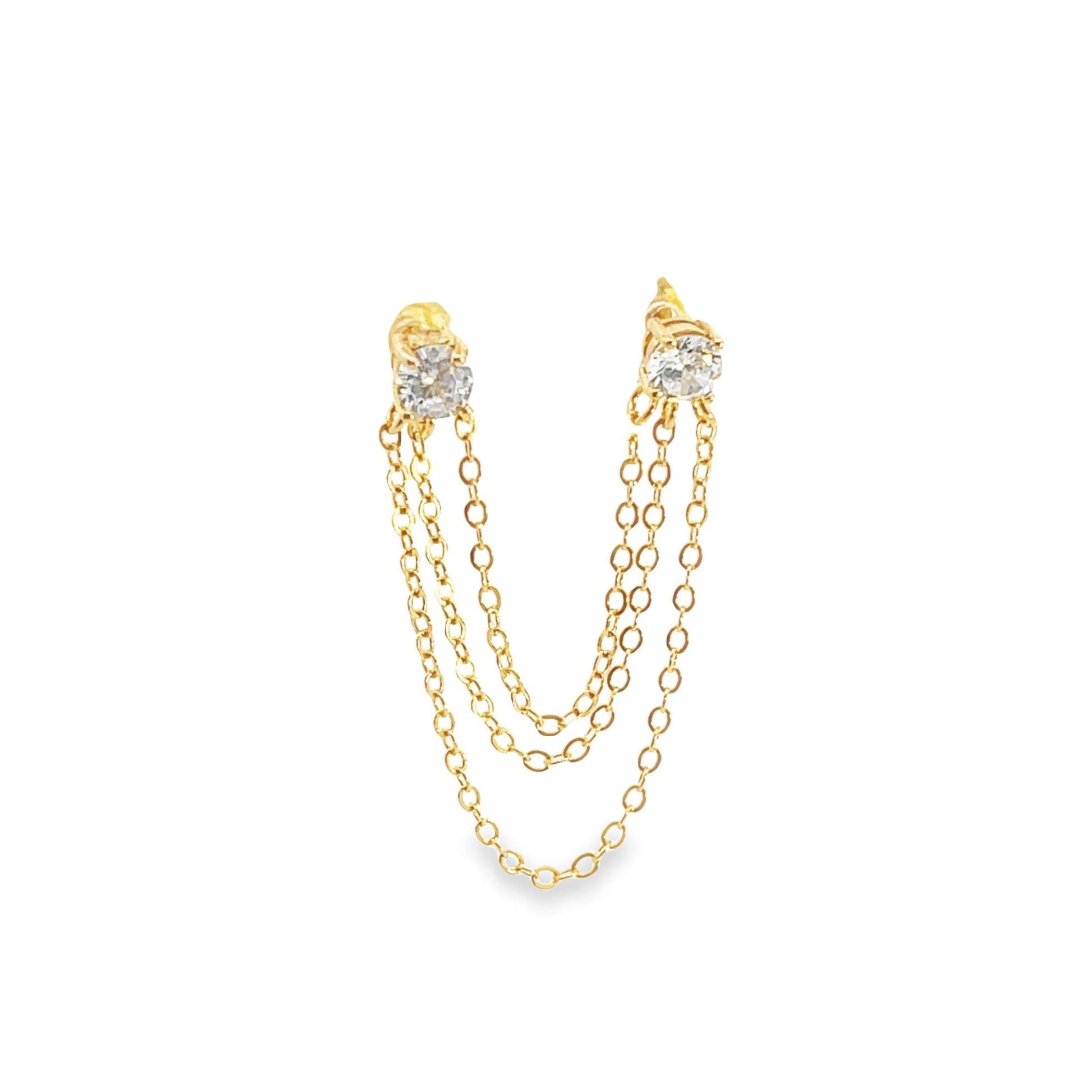 A delicate gold double-stud earring features three dangling chains adorned with sparkling cubic zirconia stones.