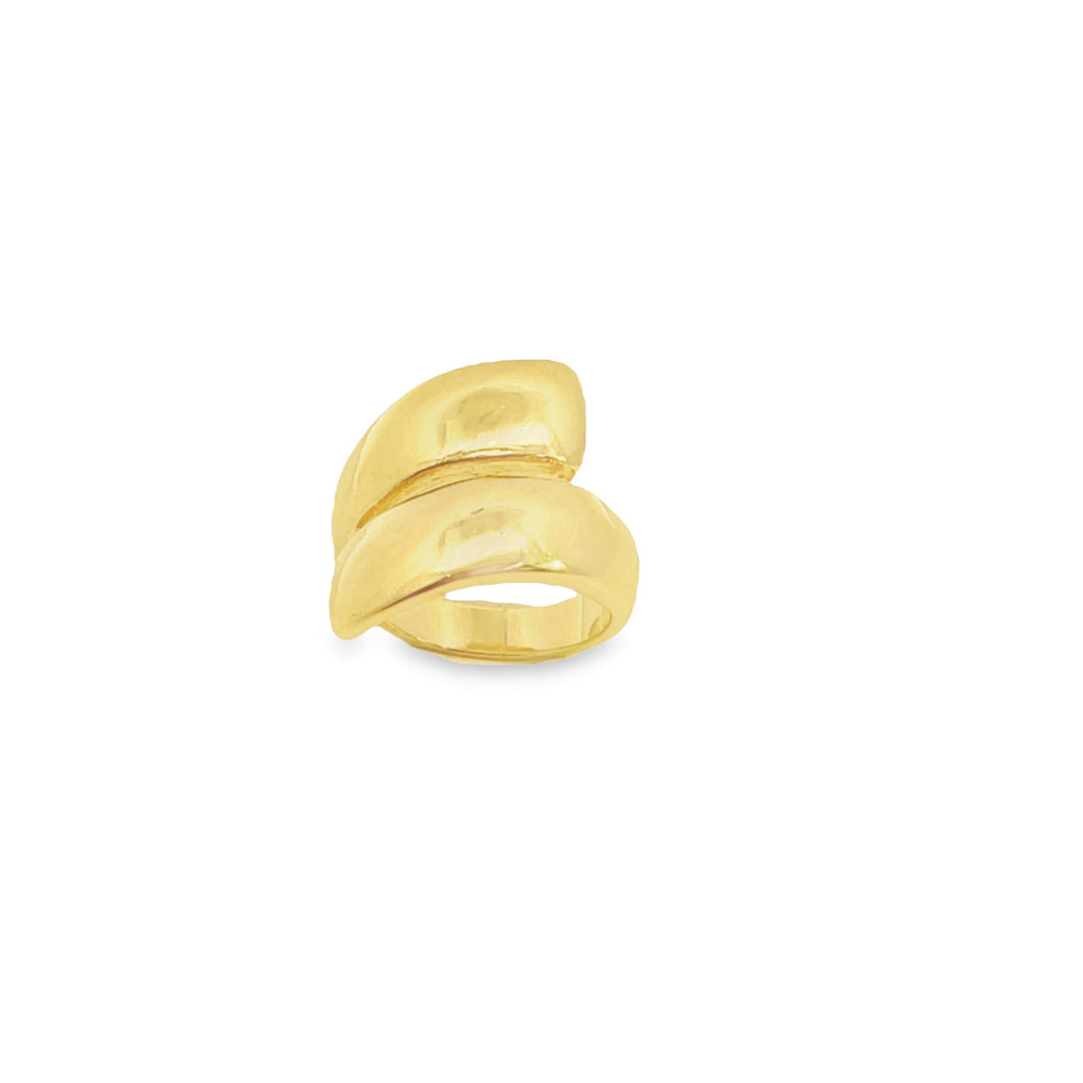 A modern gold ring features a unique bypass design with two smooth, overlapping bands.
