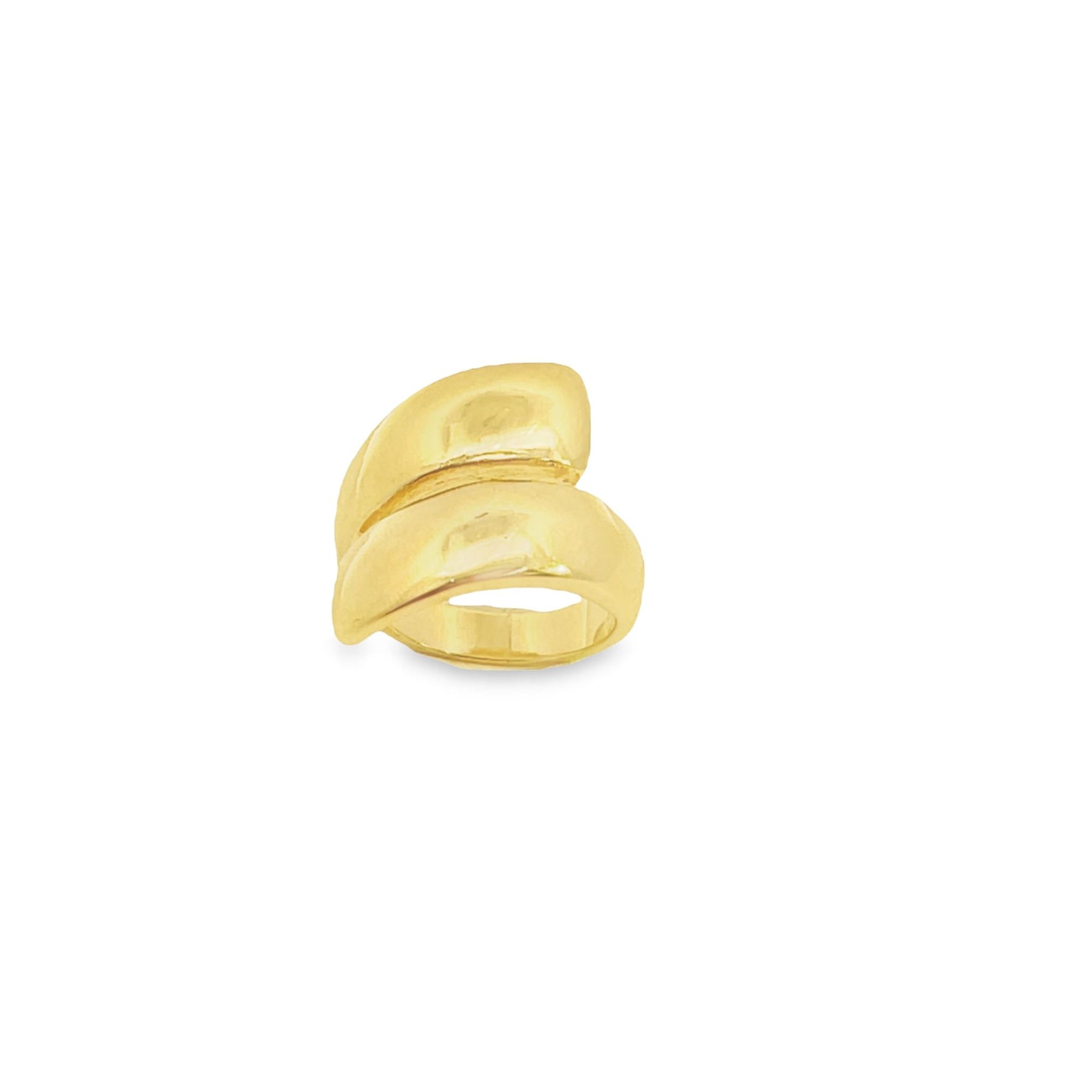 A modern gold ring features a unique bypass design with two smooth, overlapping bands.