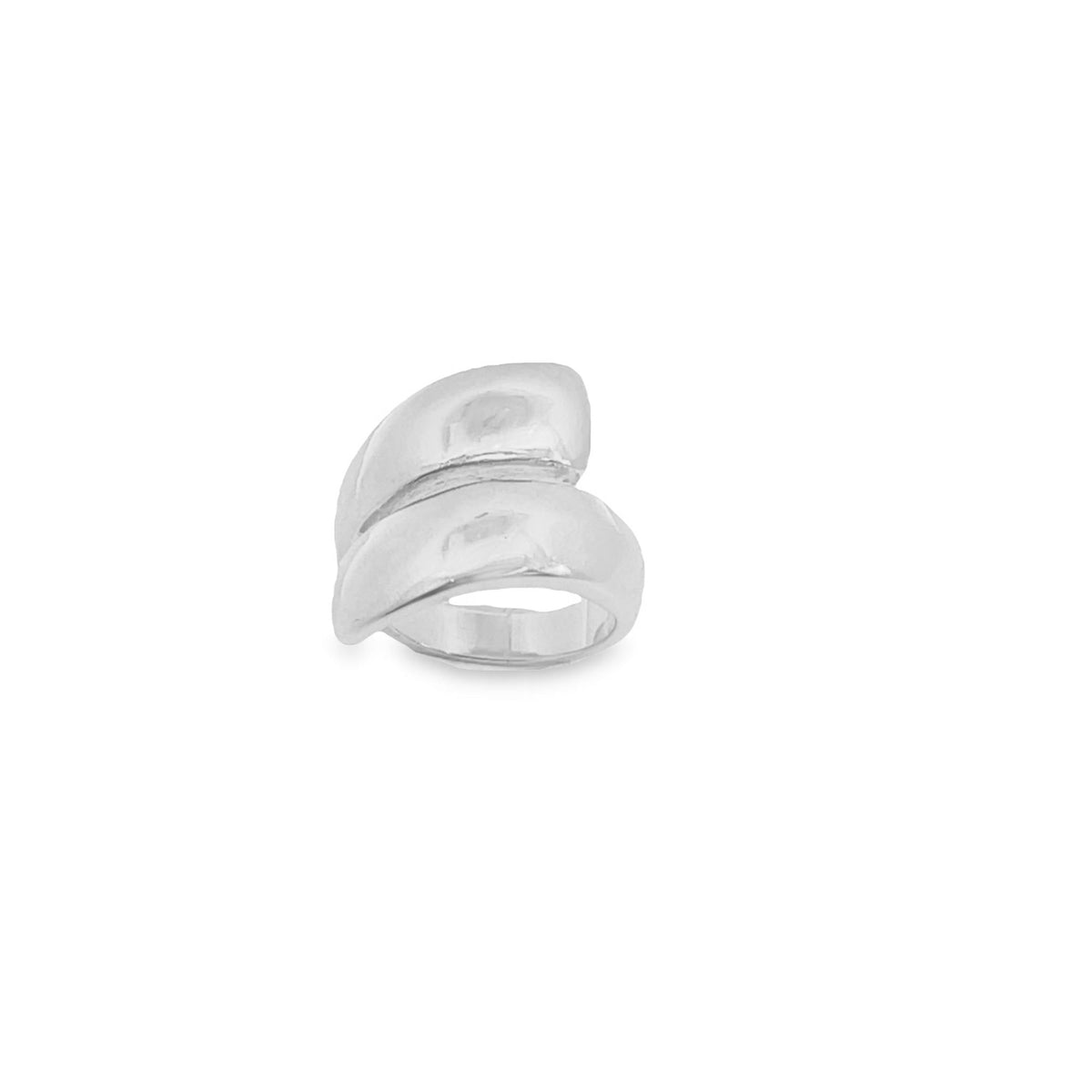 A sleek, chunky silver ring features a modern bypass design with two overlapping, polished bands against a plain white background.