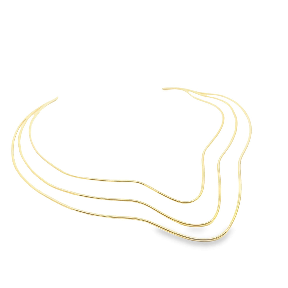 A minimalist triple-strand gold choker necklace rests in a graceful wave shape against a white background.
