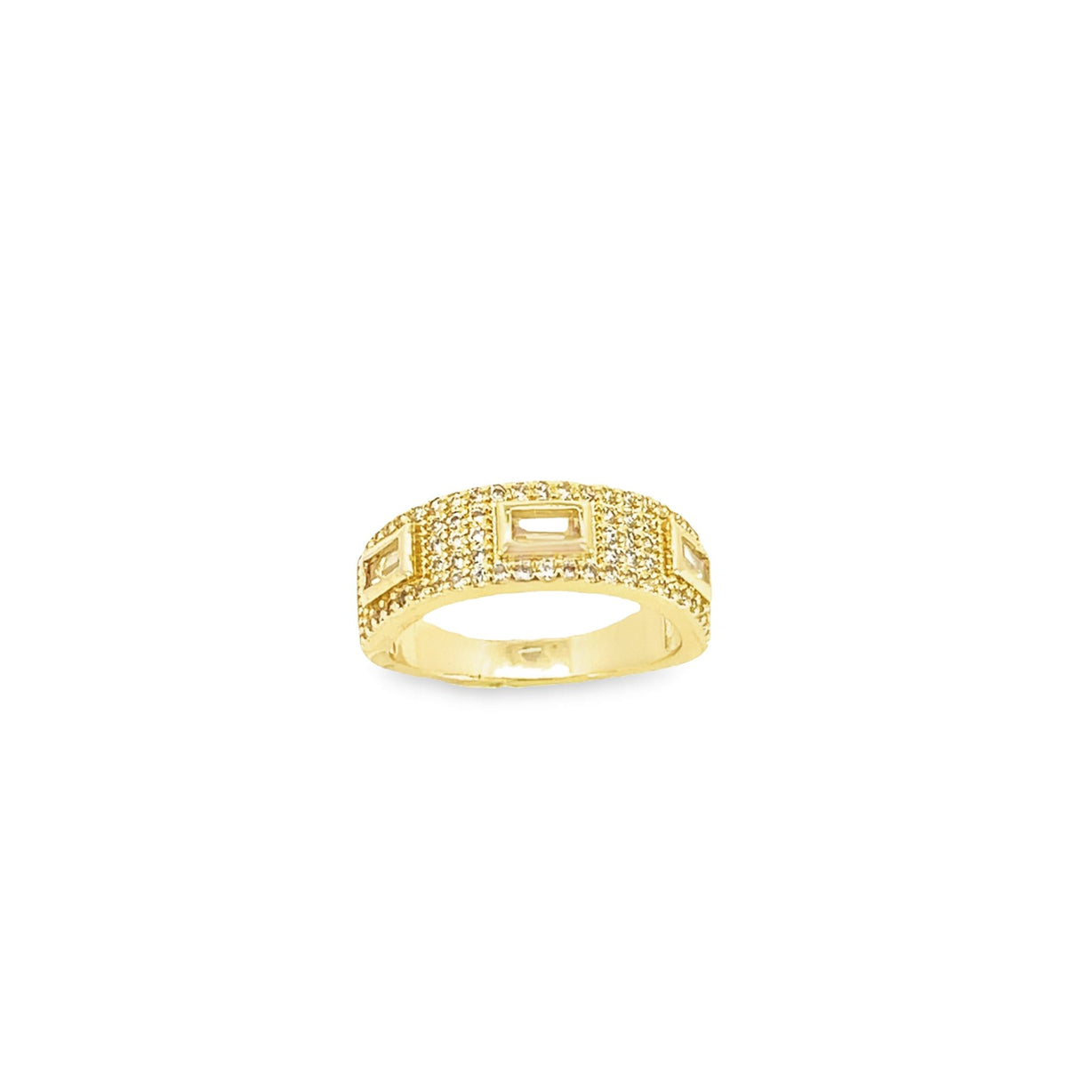 A gold band ring showcases a center rectangular stone surrounded by sparkling pavé diamonds against a clean white background.
