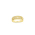 A gold band ring showcases a center rectangular stone surrounded by sparkling pavé diamonds against a clean white background.