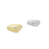 A gold and silver pave diamond signet ring pair rests against a white background.
