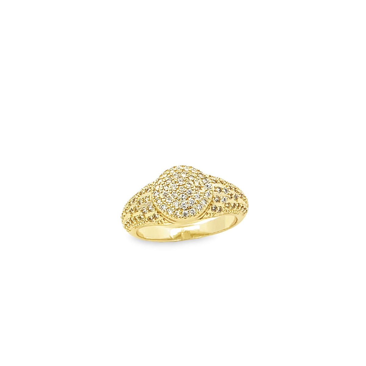 A gold diamond signet ring sparkles against a clean white background.
