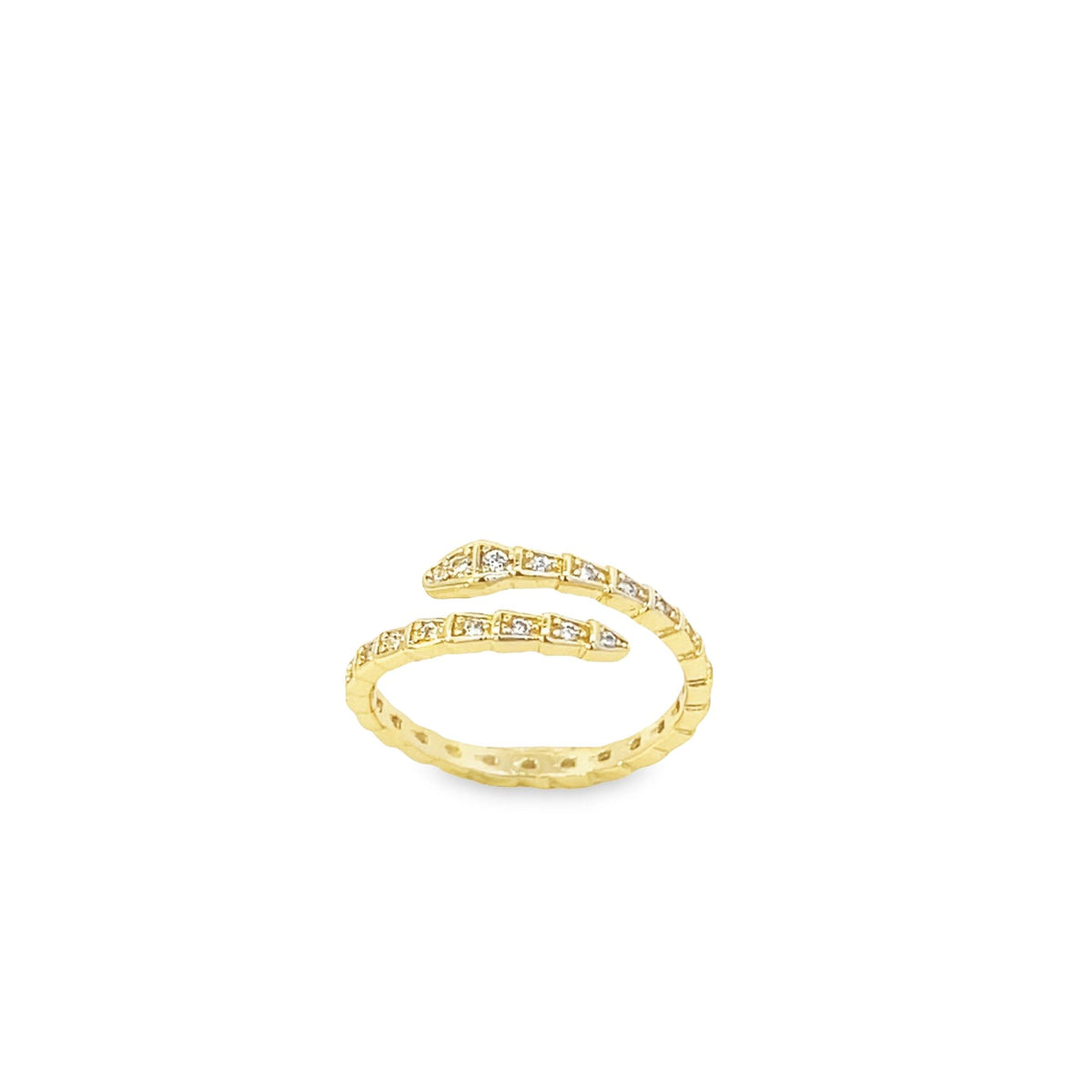 A gold snake-shaped ring encrusted with small diamonds coils gracefully on a white background.