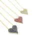 Three gold heart-shaped pendant necklaces sparkle with pavé-set white, pink, and blue crystals against a white background.