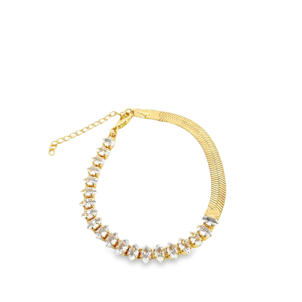 A gold tennis bracelet featuring a combination of a herringbone chain and sparkling marquise-cut cubic zirconia stones curves against a plain white background.