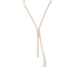 A delicate gold lariat necklace sparkles with a continuous line of rectangular cubic zirconia stones against a clean white background.