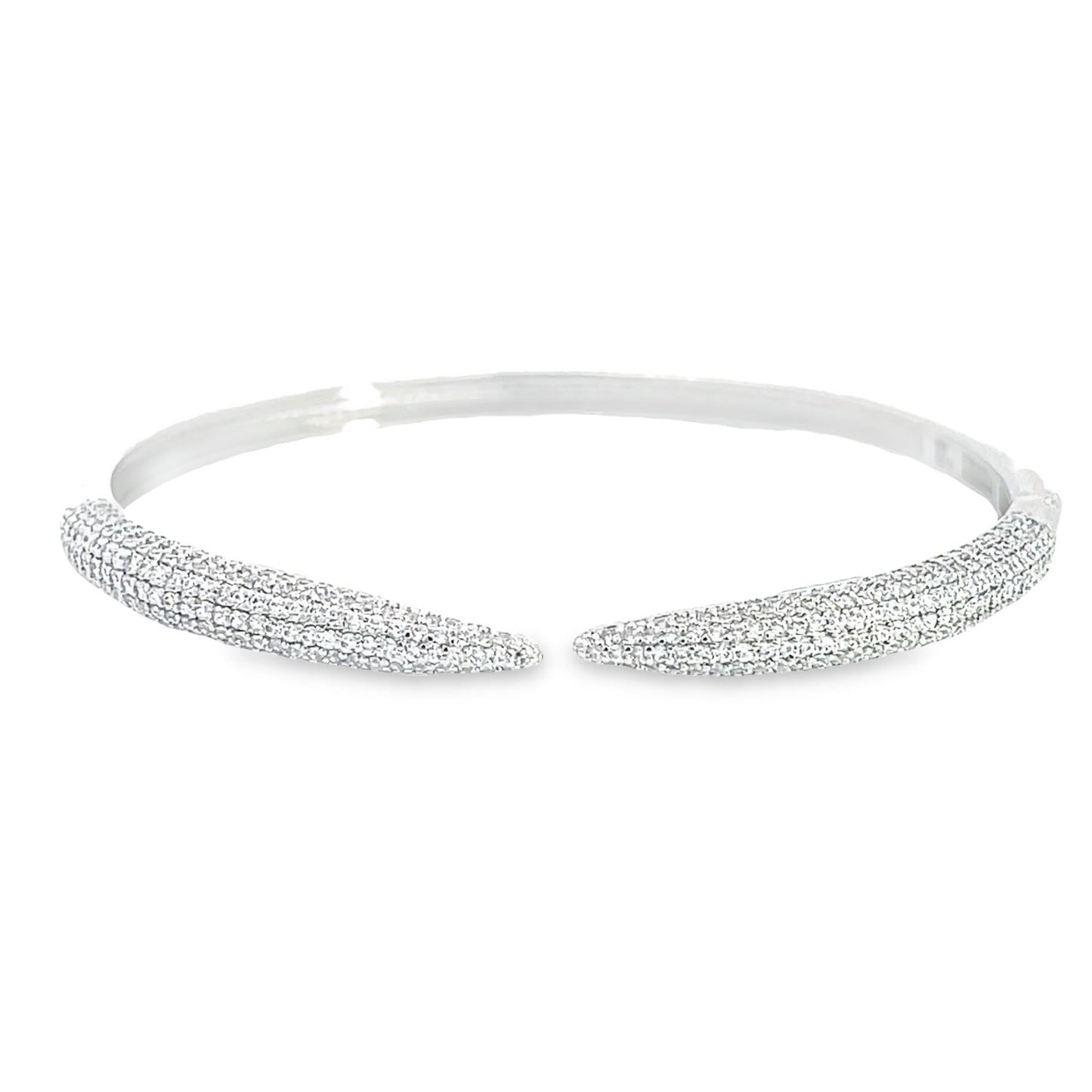 A stunning pave diamond open cuff bangle shimmers against a clean white background.