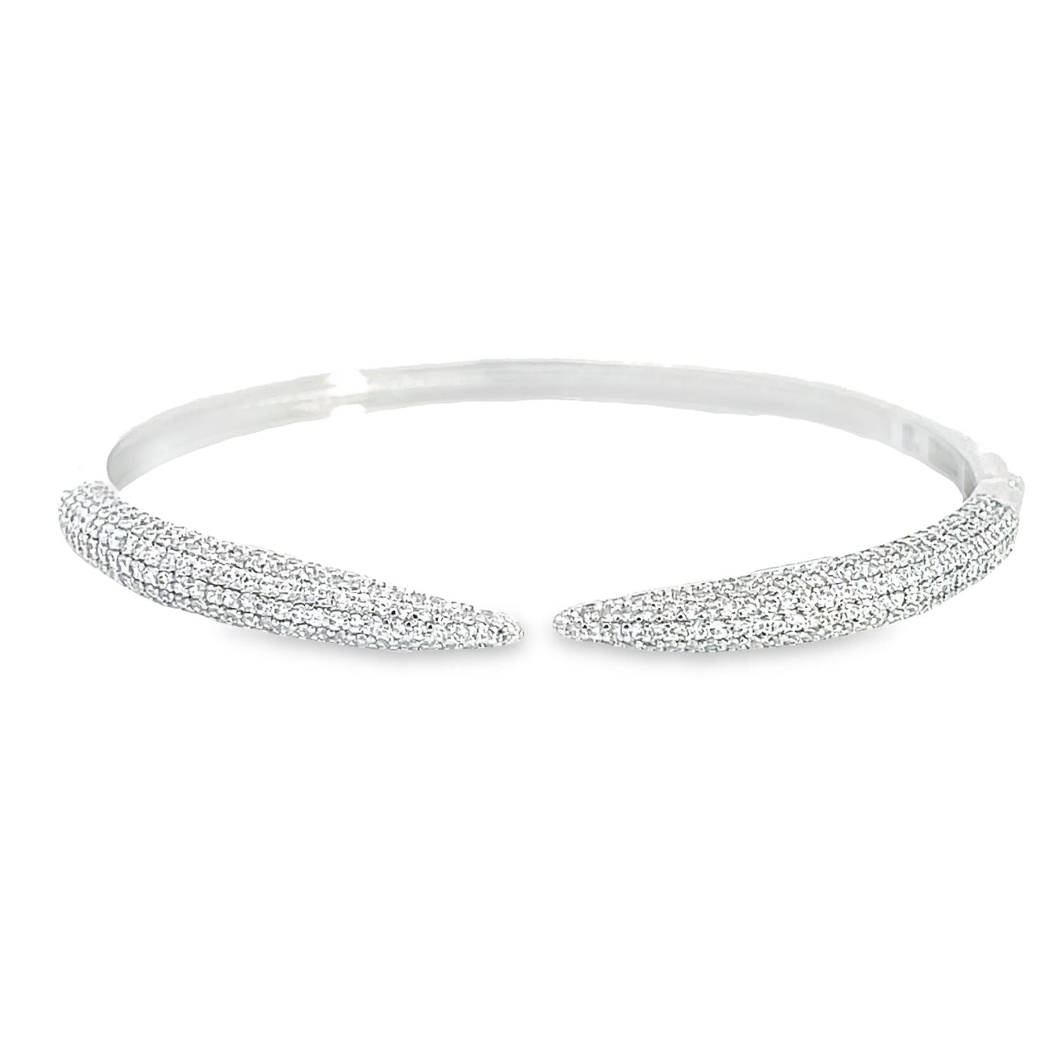 A stunning pave diamond open cuff bangle shimmers against a clean white background.