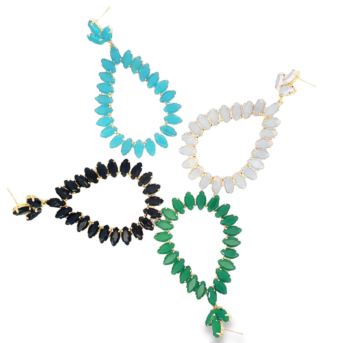 Four teardrop-shaped gemstone earrings in turquoise, white opal, black, and green are arranged on a white background.