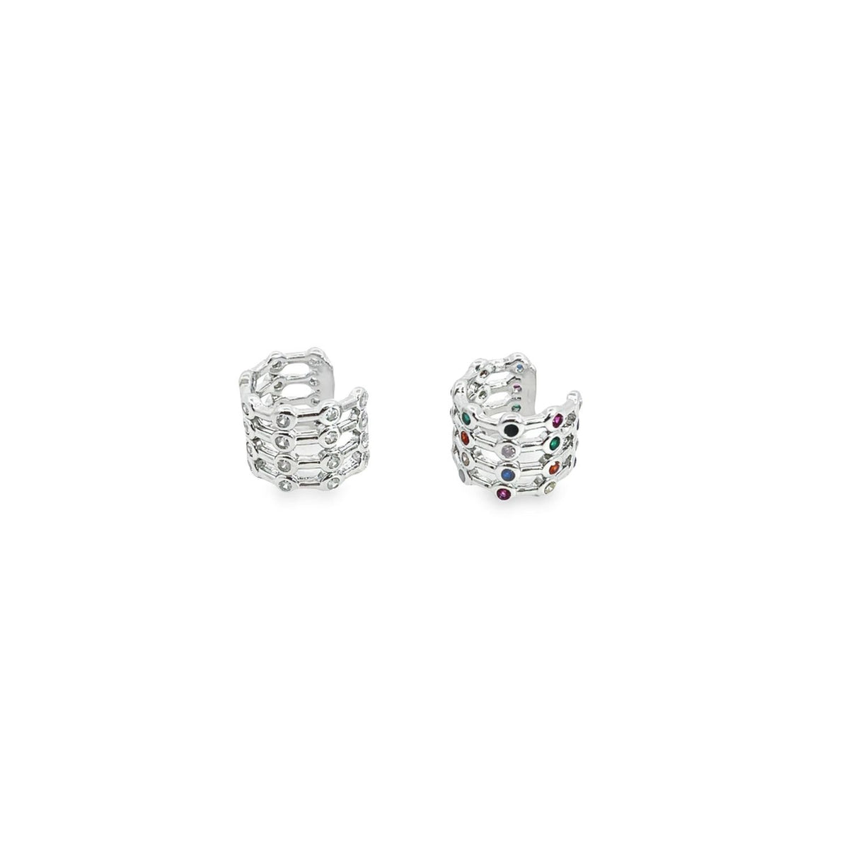 A pair of multi-band silver ear cuffs features sparkling clear and colorful gemstone accents.