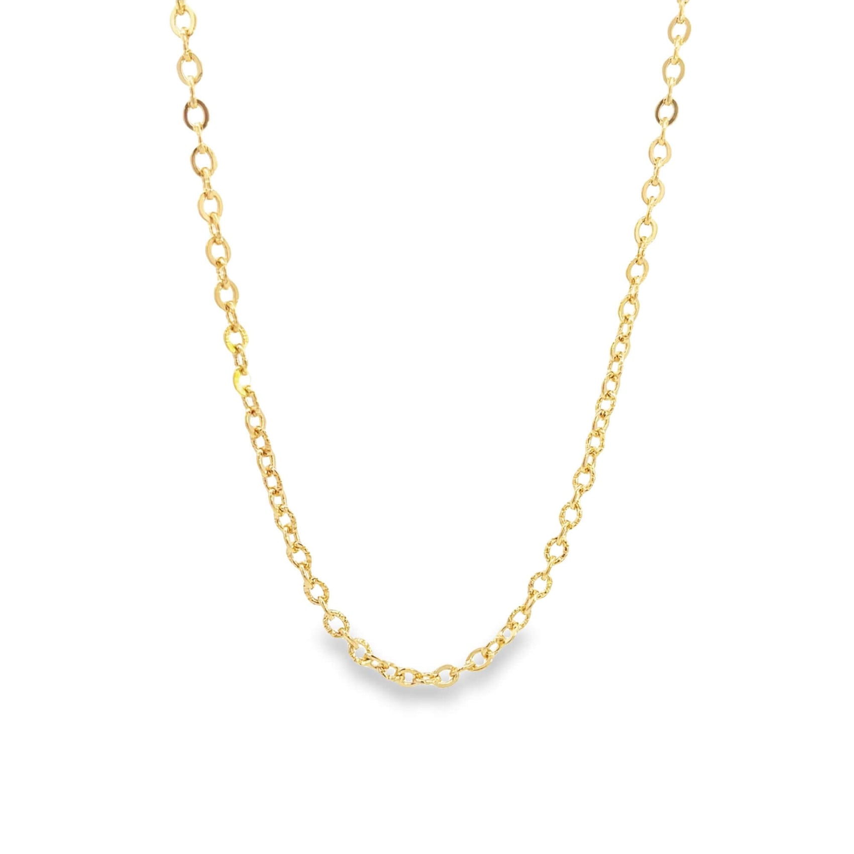 A delicate gold chain necklace drapes in a graceful curve against a clean white background.