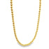 A polished yellow gold bead necklace drapes in a U-shape against a plain white background.