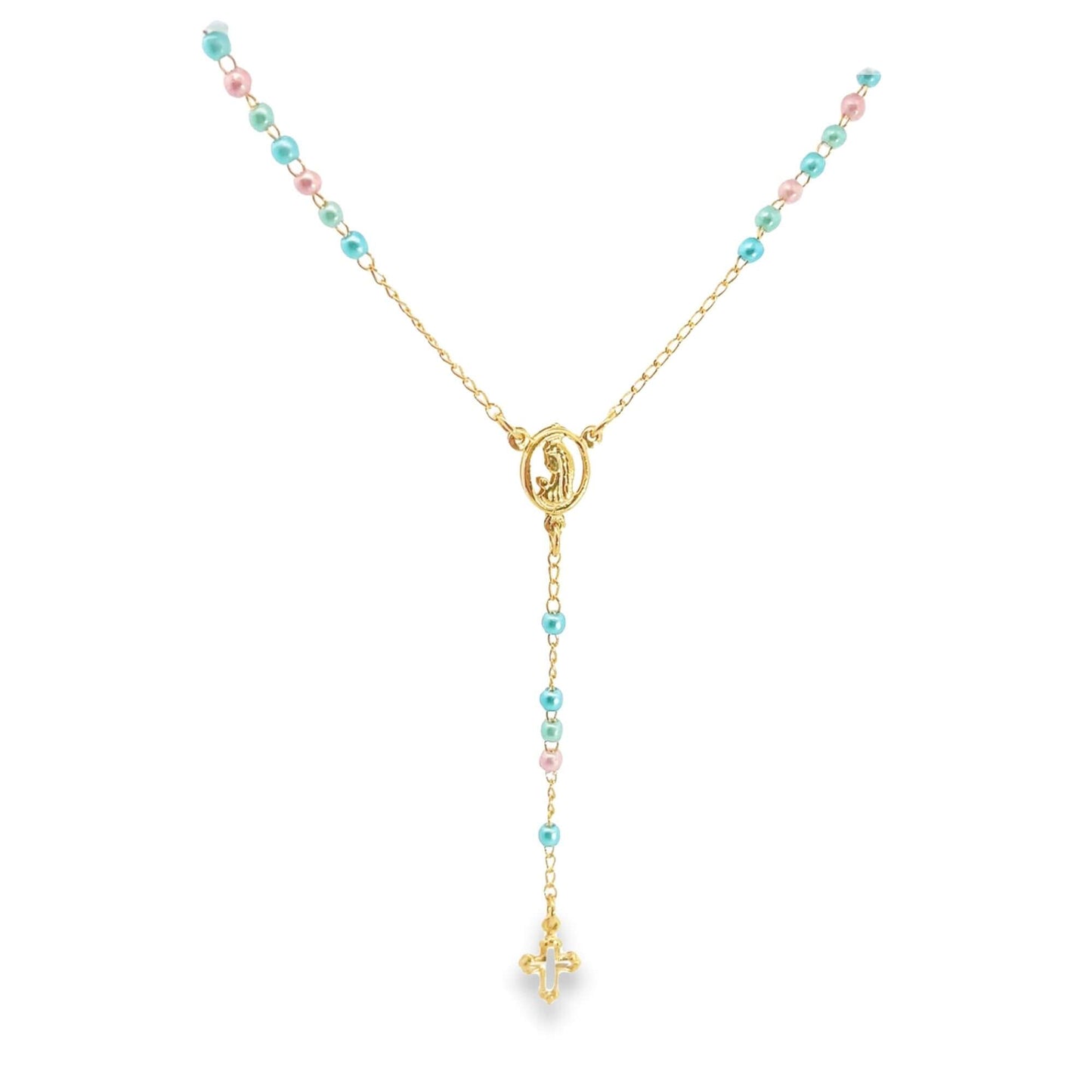 A delicate gold rosary necklace features alternating pastel pink and blue beads leading to a central pendant of the Virgin Mary and a small cross.