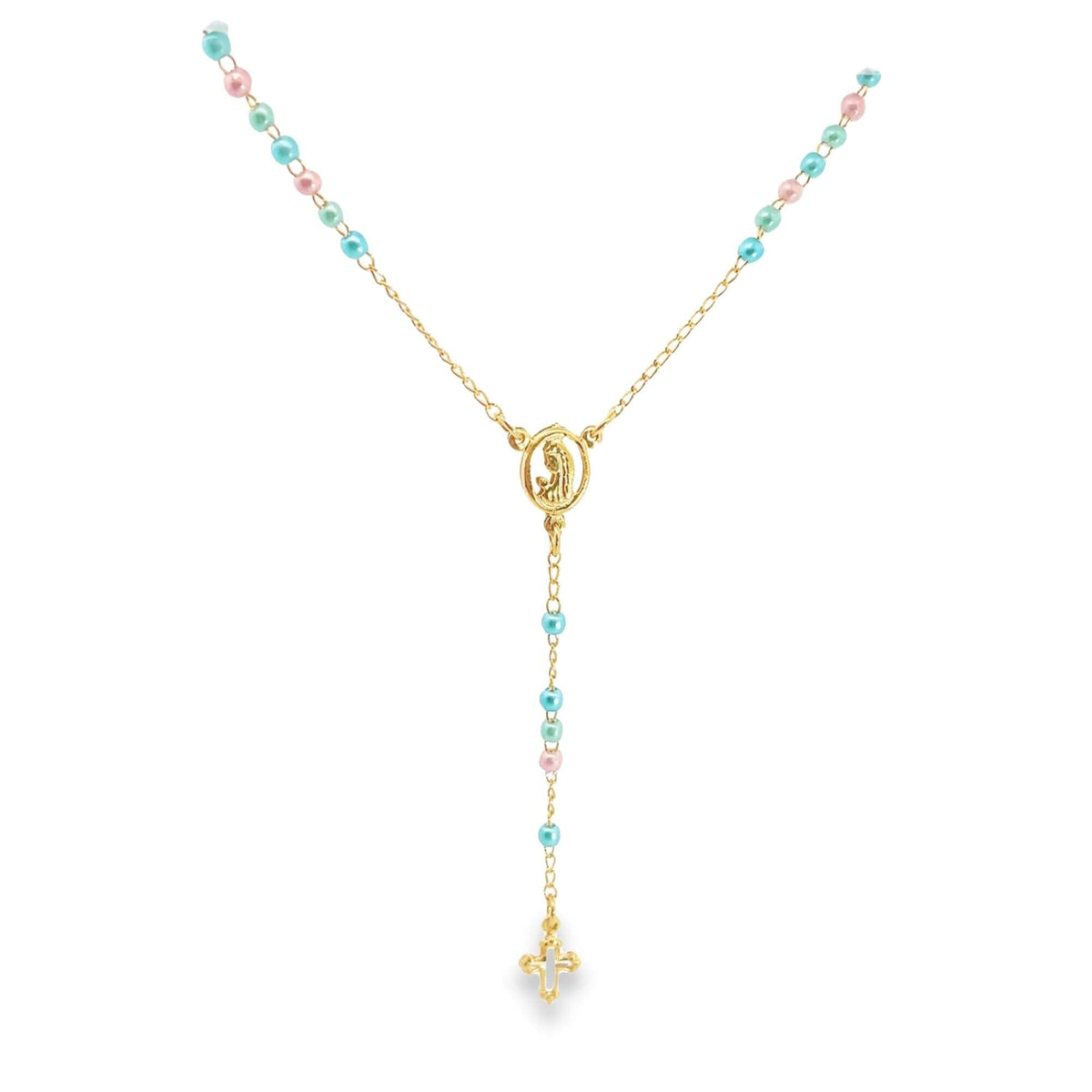 A gold rosary necklace features colorful pink, blue, and green beads with a central medallion and a small cross pendant.