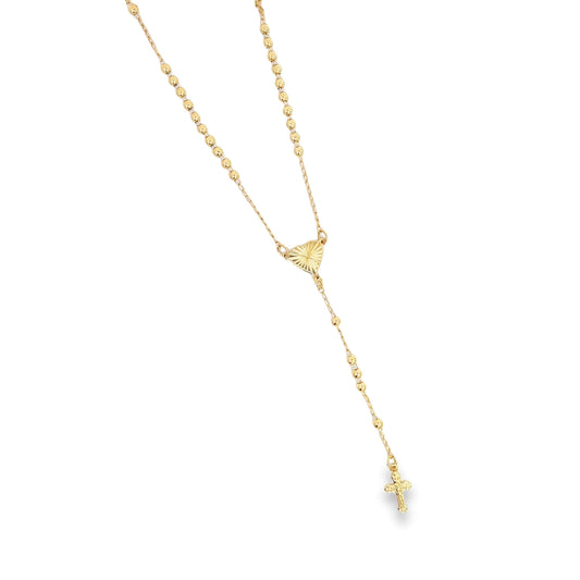 A delicate gold rosary necklace features polished beads, a textured heart-shaped center, and a small crucifix pendant against a plain white background.