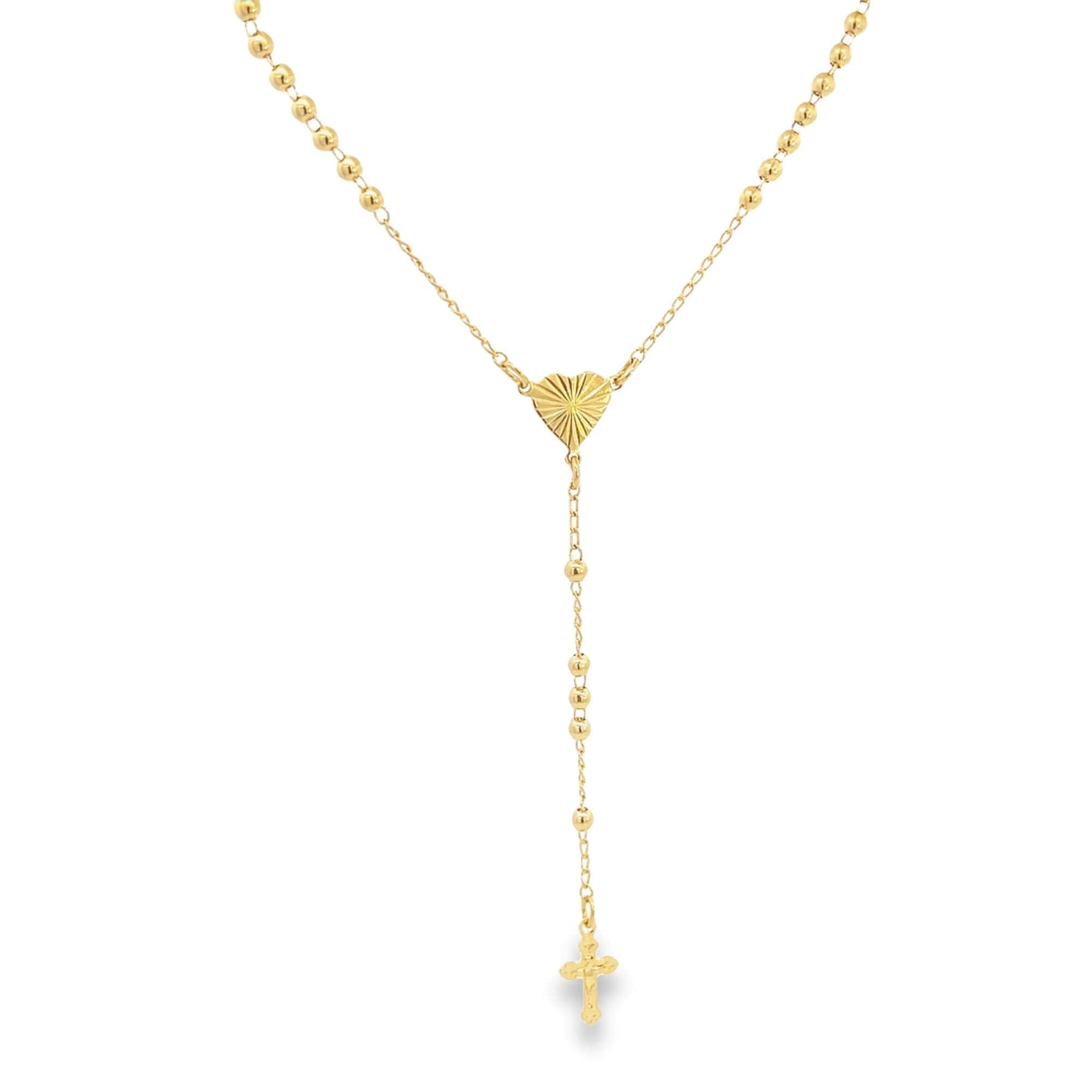 A gleaming gold rosary necklace features a textured heart-shaped centerpiece and a delicate crucifix pendant against a white background.