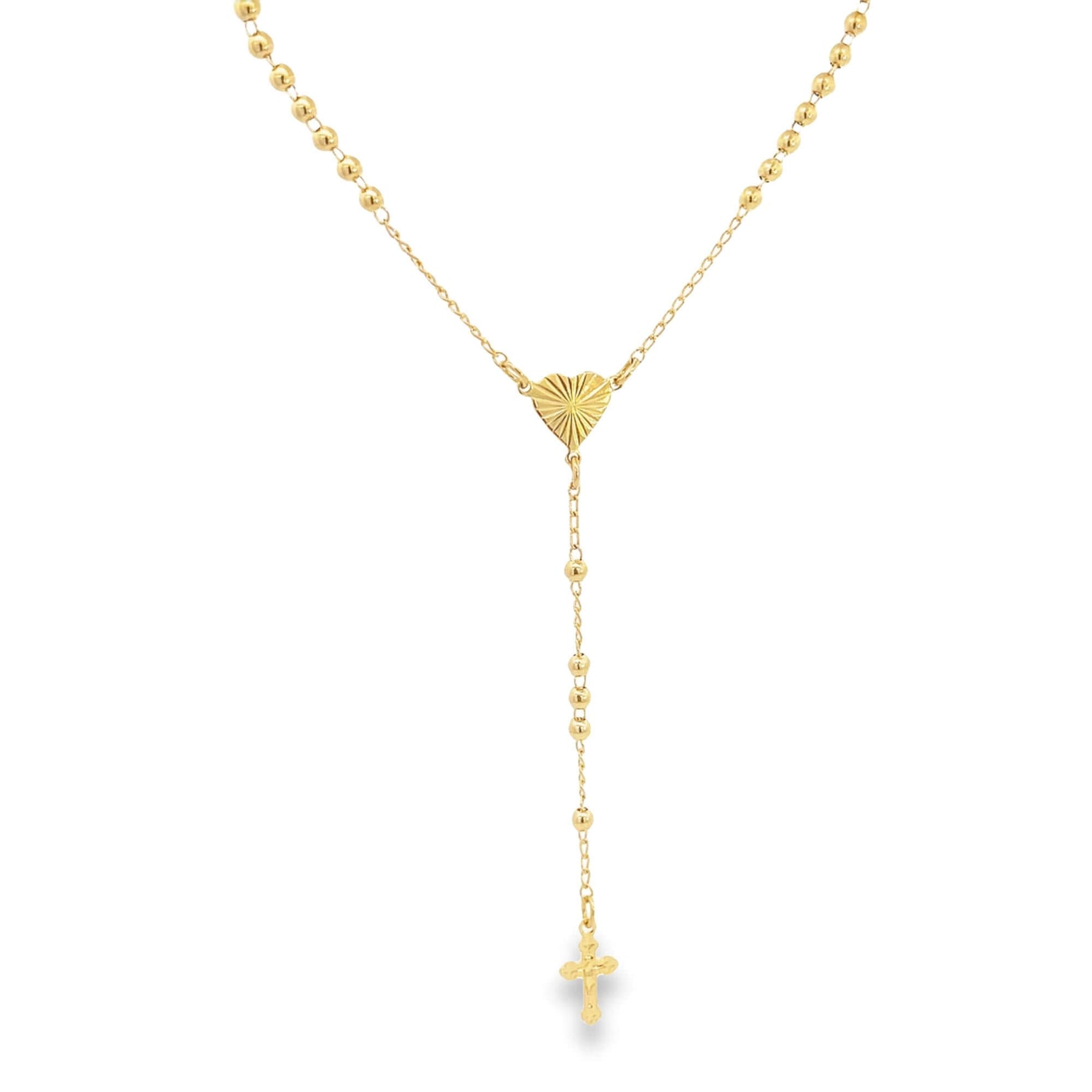 A gleaming gold rosary necklace features a textured heart-shaped centerpiece and a delicate crucifix pendant against a white background.