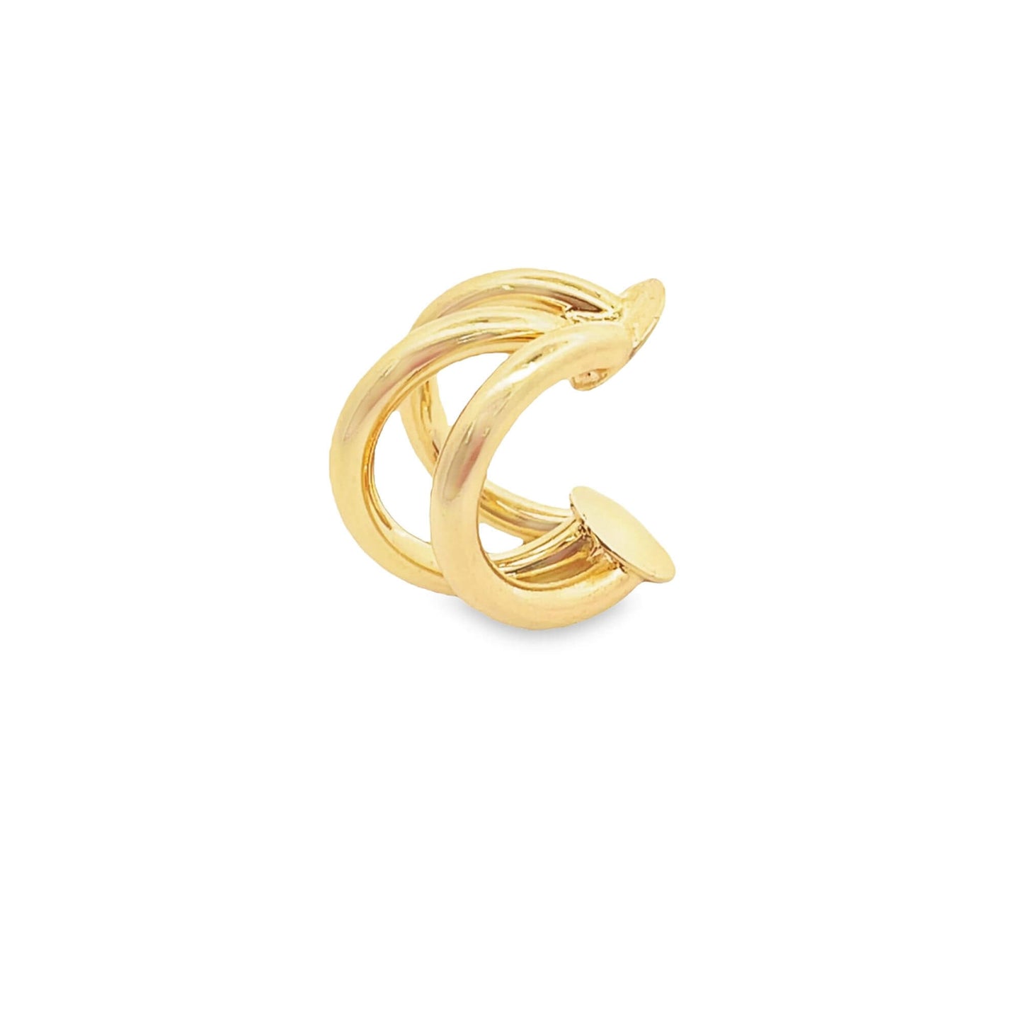 A shiny gold multi-band ear cuff sits isolated on a white background.