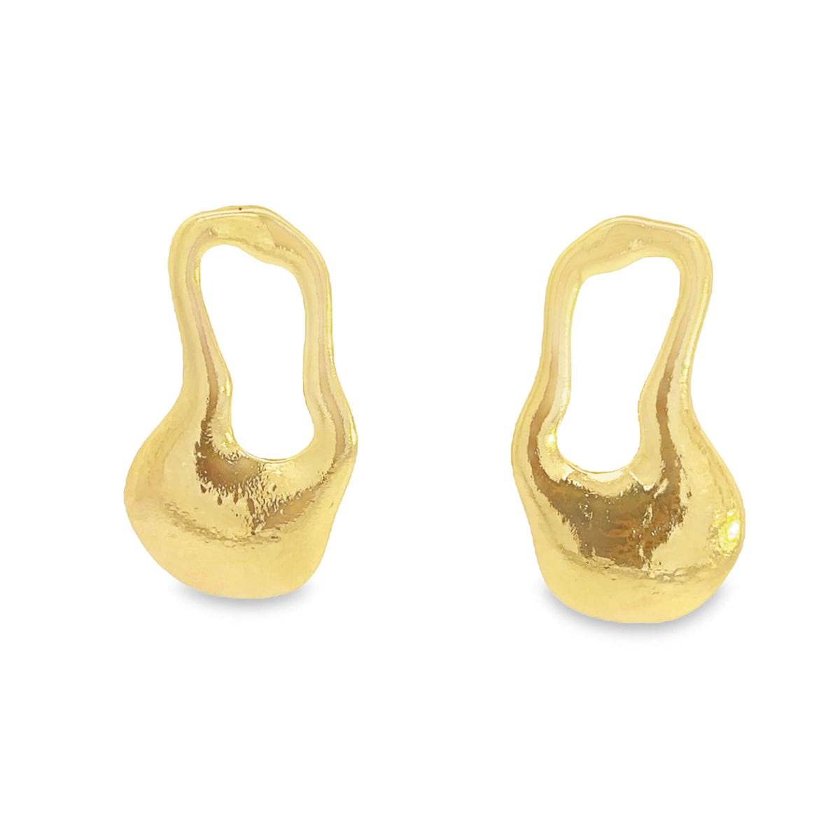 A pair of shiny gold-plated earrings featuring irregular, organic shapes are displayed against a clean white background.
