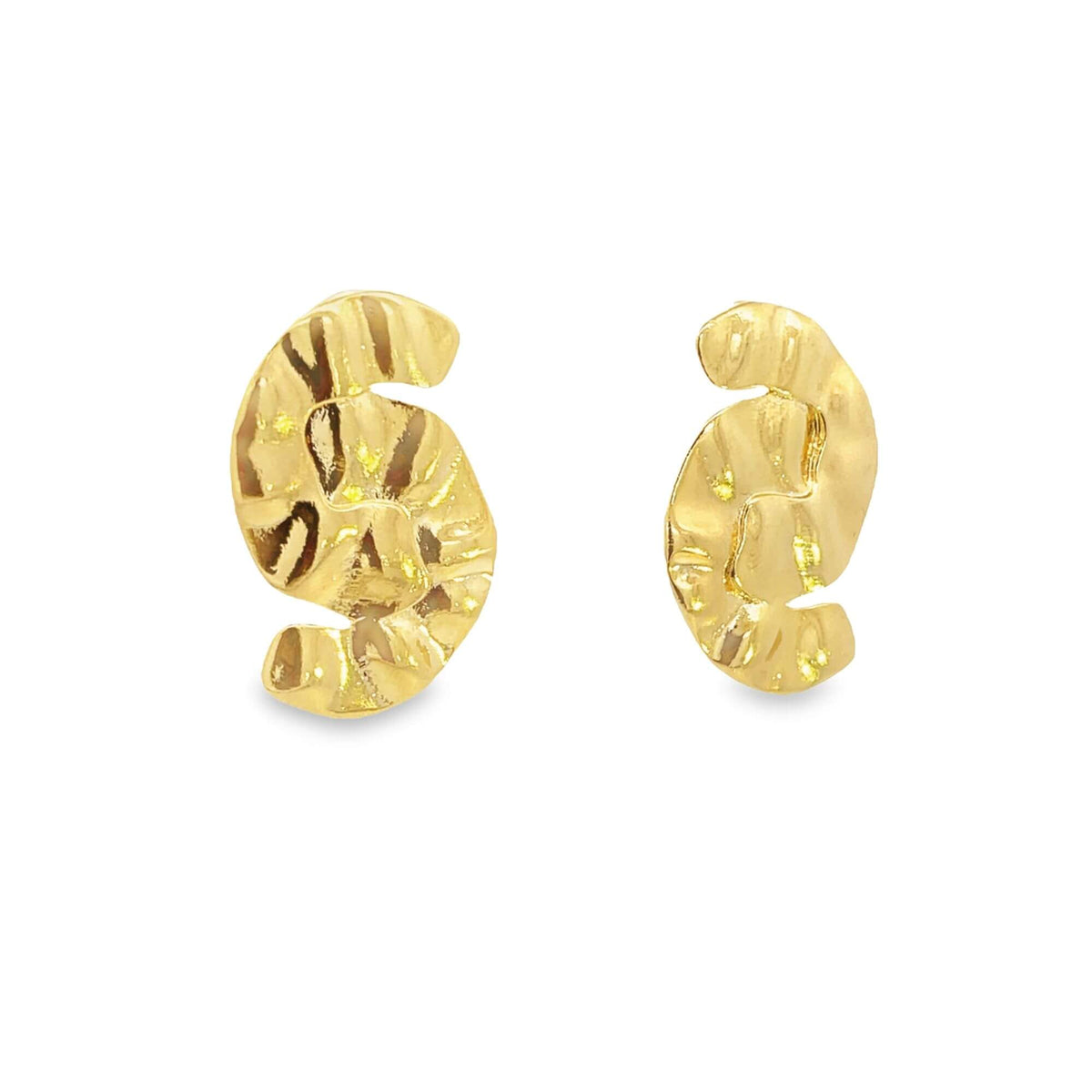 A pair of shiny gold shrimp-shaped stud earrings displays textured, curved metal against a plain white background.
