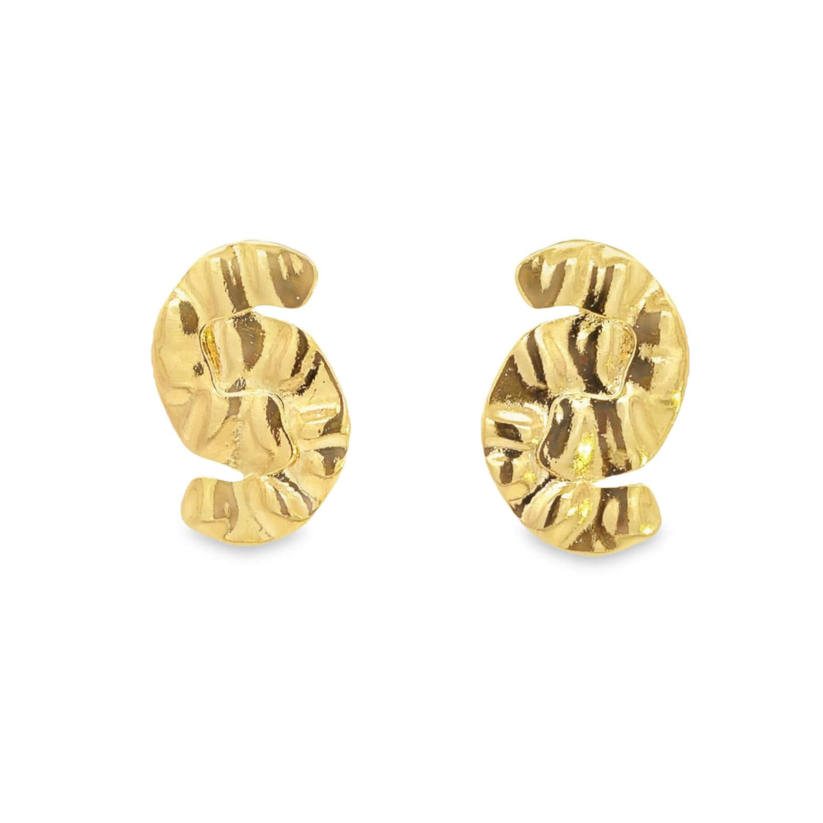 A pair of textured gold-plated stud earrings displays a swirling, organic design against a white background.