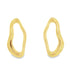 A pair of sleek, gold organic-shaped hoop earrings gleams against a clean white background.
