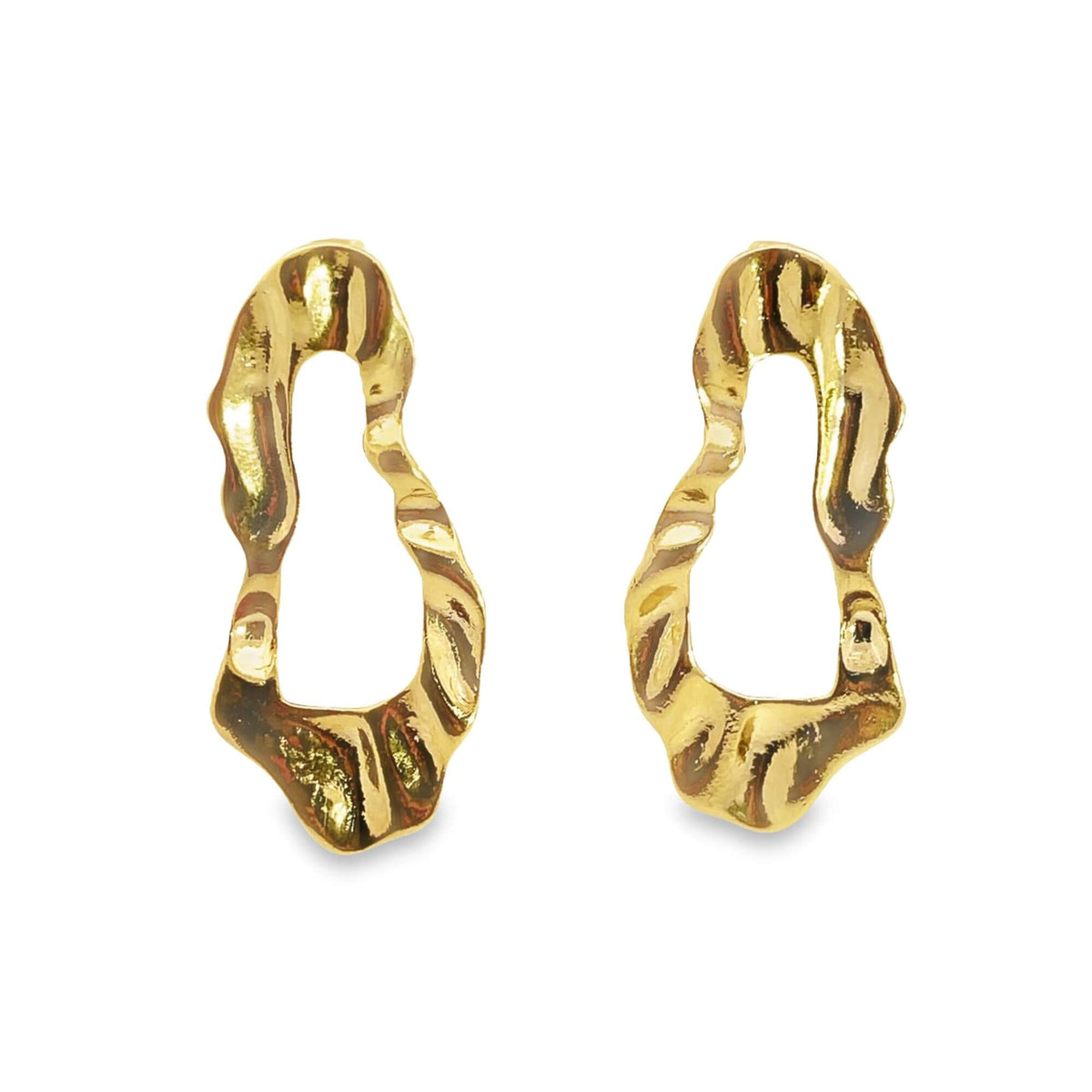 A pair of asymmetrical gold earrings featuring an organic, textured shape against a clean white background.