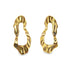 A pair of asymmetrical gold earrings featuring an organic, textured shape against a clean white background.