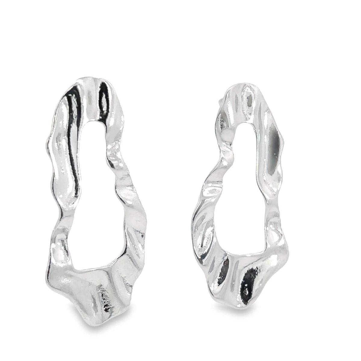 A pair of shiny silver abstract metal earrings showcase a uniquely rippled, organic frame design.