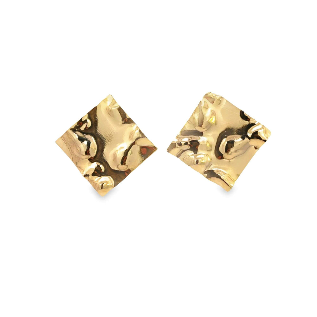 A pair of hammered gold square stud earrings gleams against a plain white background.