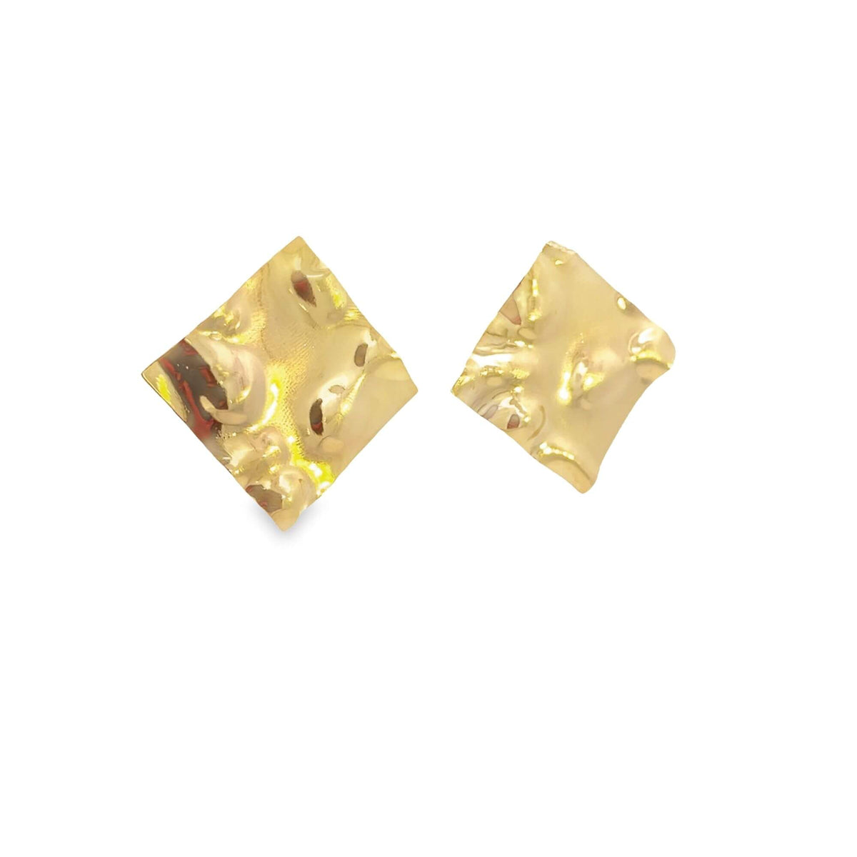 Two textured, square gold earrings rest side by side against a clean white background.