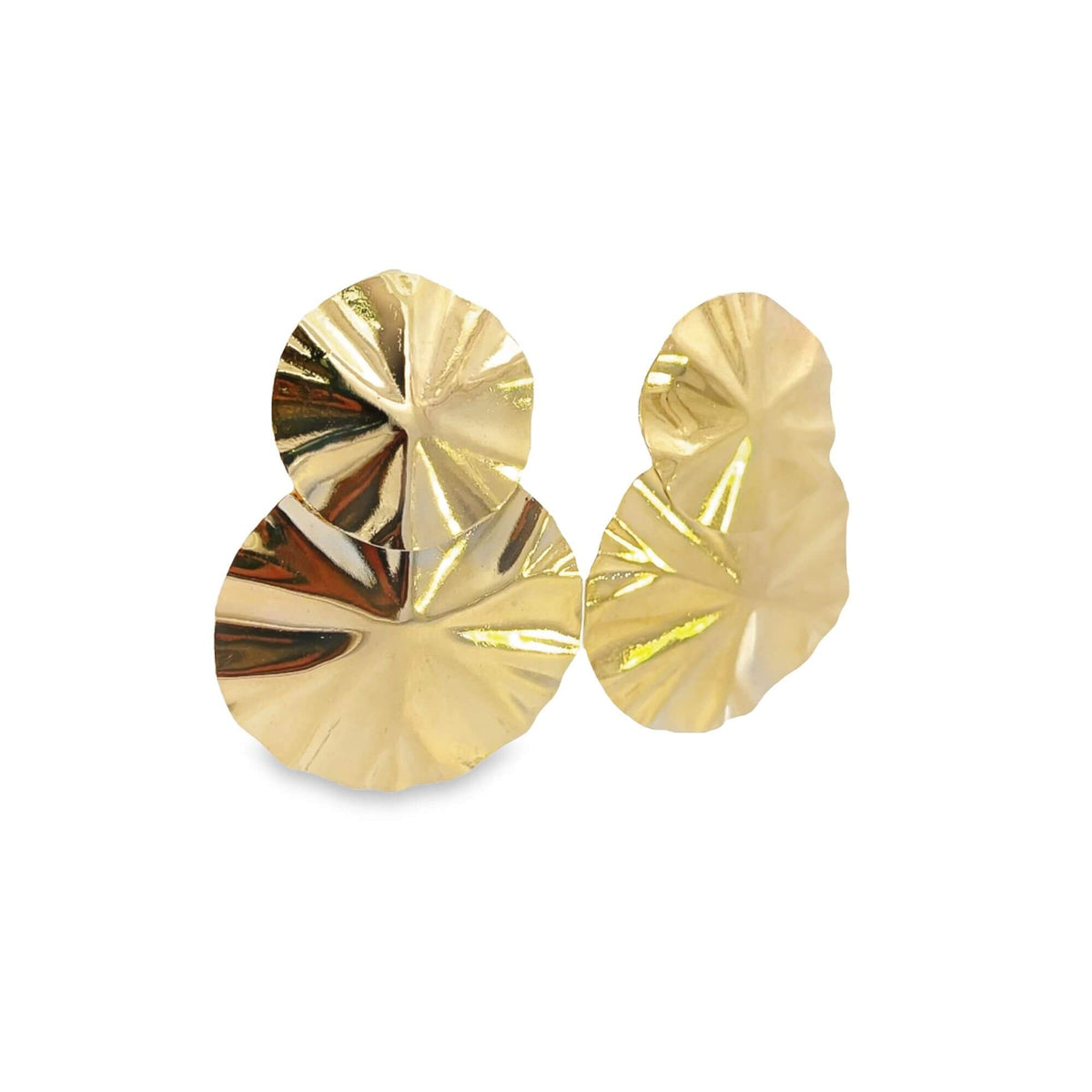A pair of shiny gold statement earrings featuring layered, ruffled circular discs.