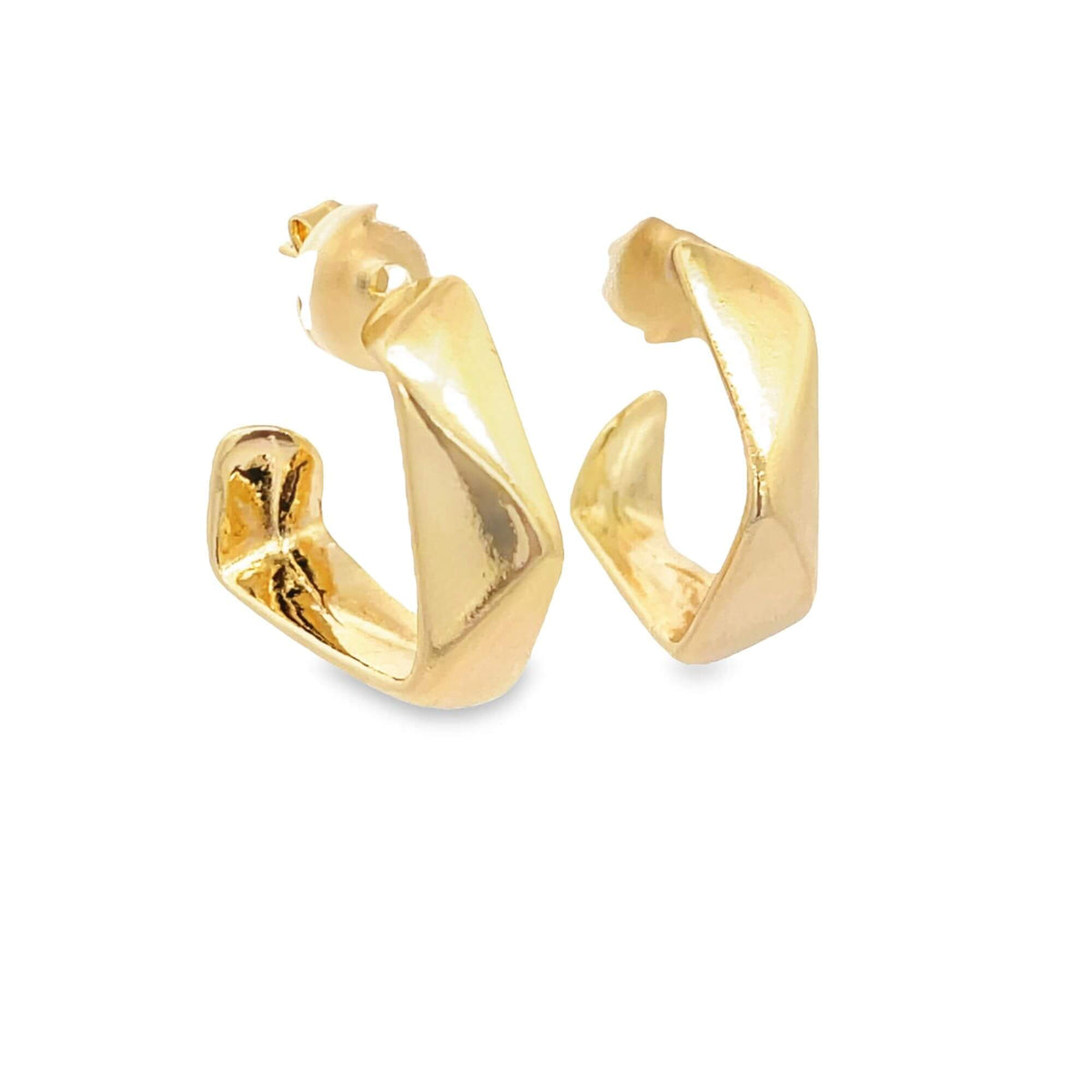 A pair of polished gold twist hoop earrings glimmers against a clean white background.