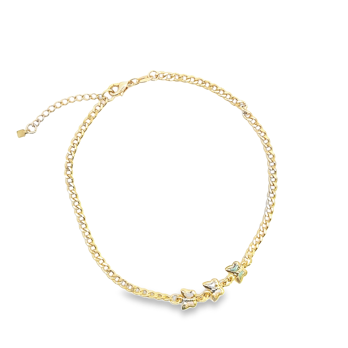 A gold chain necklace features three small butterfly charms adorned with multi-colored enamel accents.