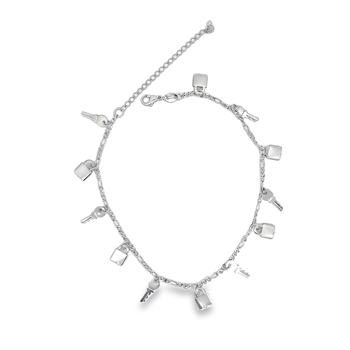 A sterling silver charm bracelet features dangling lock and key charms arranged in a circle against a white background.