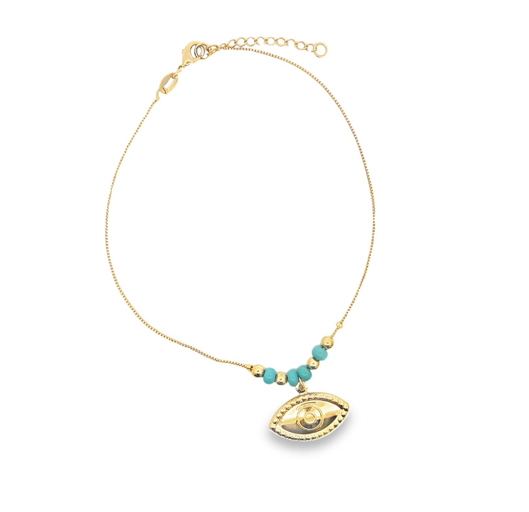 A delicate gold evil eye necklace features turquoise beads and a gold pendant against a clean white background.