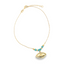 A delicate gold evil eye necklace features turquoise beads and a gold pendant against a clean white background.