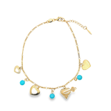 18K Gold Filled Heart Charm Blue Beaded Bead Anklet With Red Heart Stones (E105)