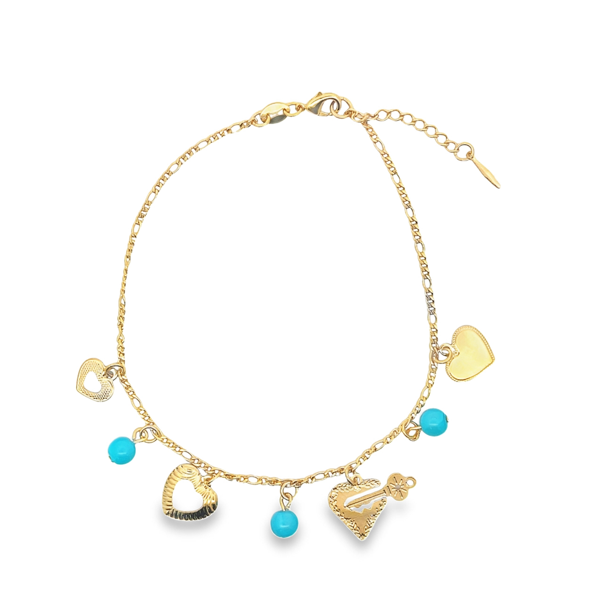 A delicate gold chain bracelet features hanging heart charms and bright turquoise beads against a plain white background.