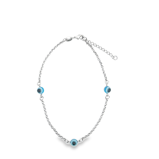 A silver chain necklace features three blue and white evil eye beads arranged against a clean white background.