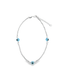 A silver chain necklace features three blue and white evil eye beads arranged against a clean white background.