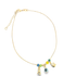 A delicate gold chain bracelet features colorful enamel charms, including an evil eye bead and a golden hand pendant.