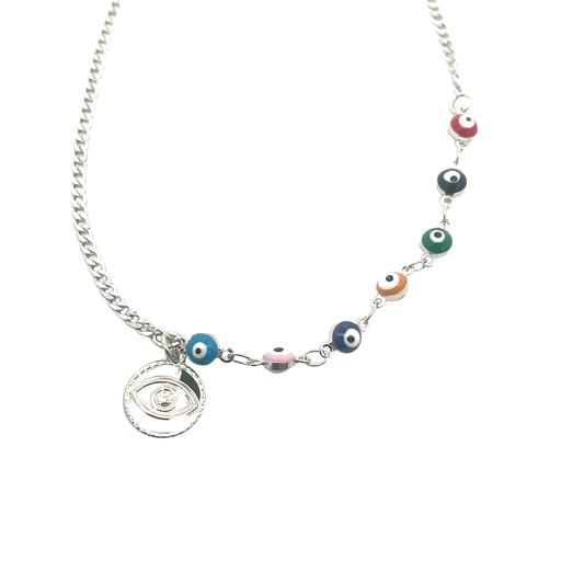 A silver chain necklace displays colorful evil eye charms and a dangling evil eye pendant against a white background.