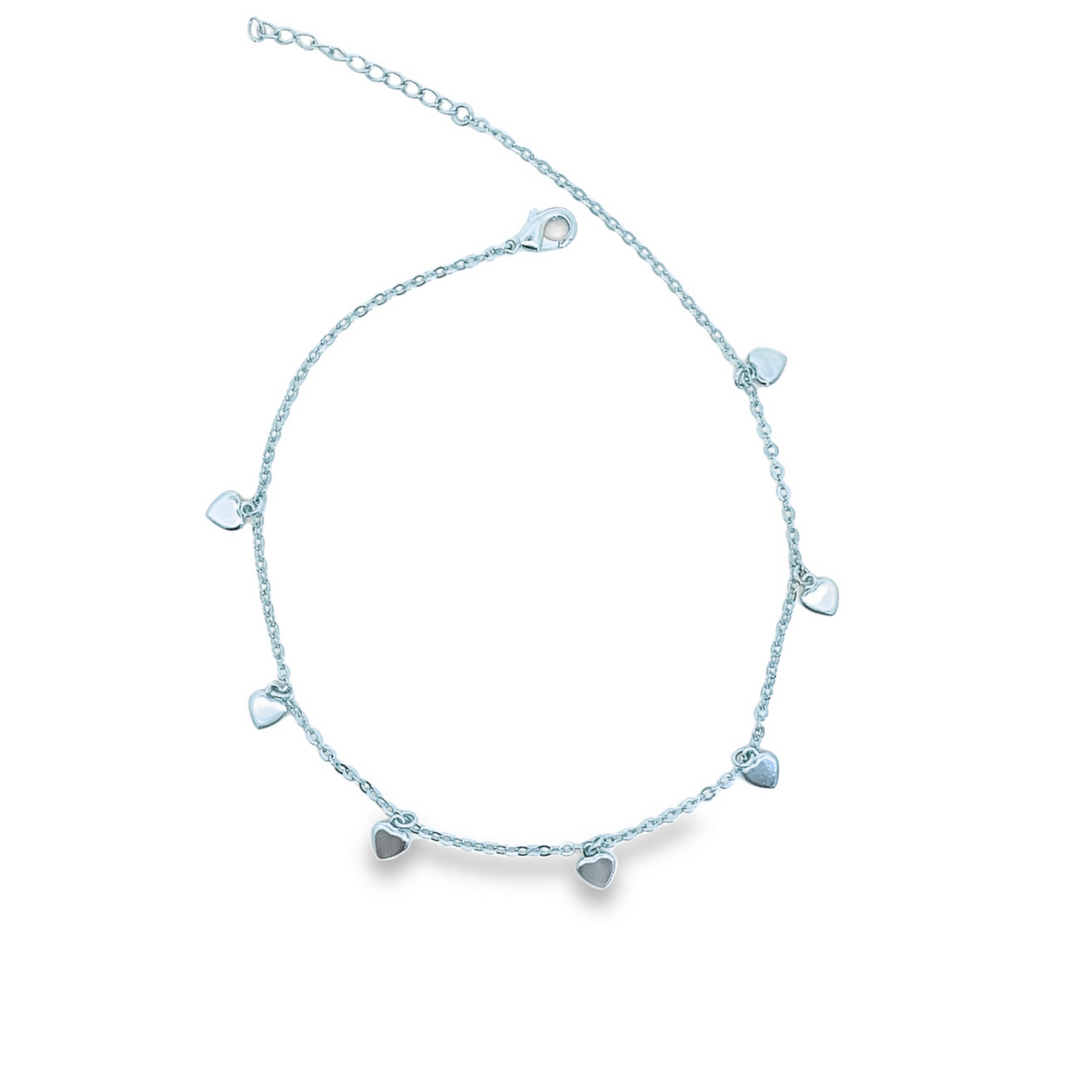 A delicate silver chain anklet features multiple dangling heart charms against a clean white background.