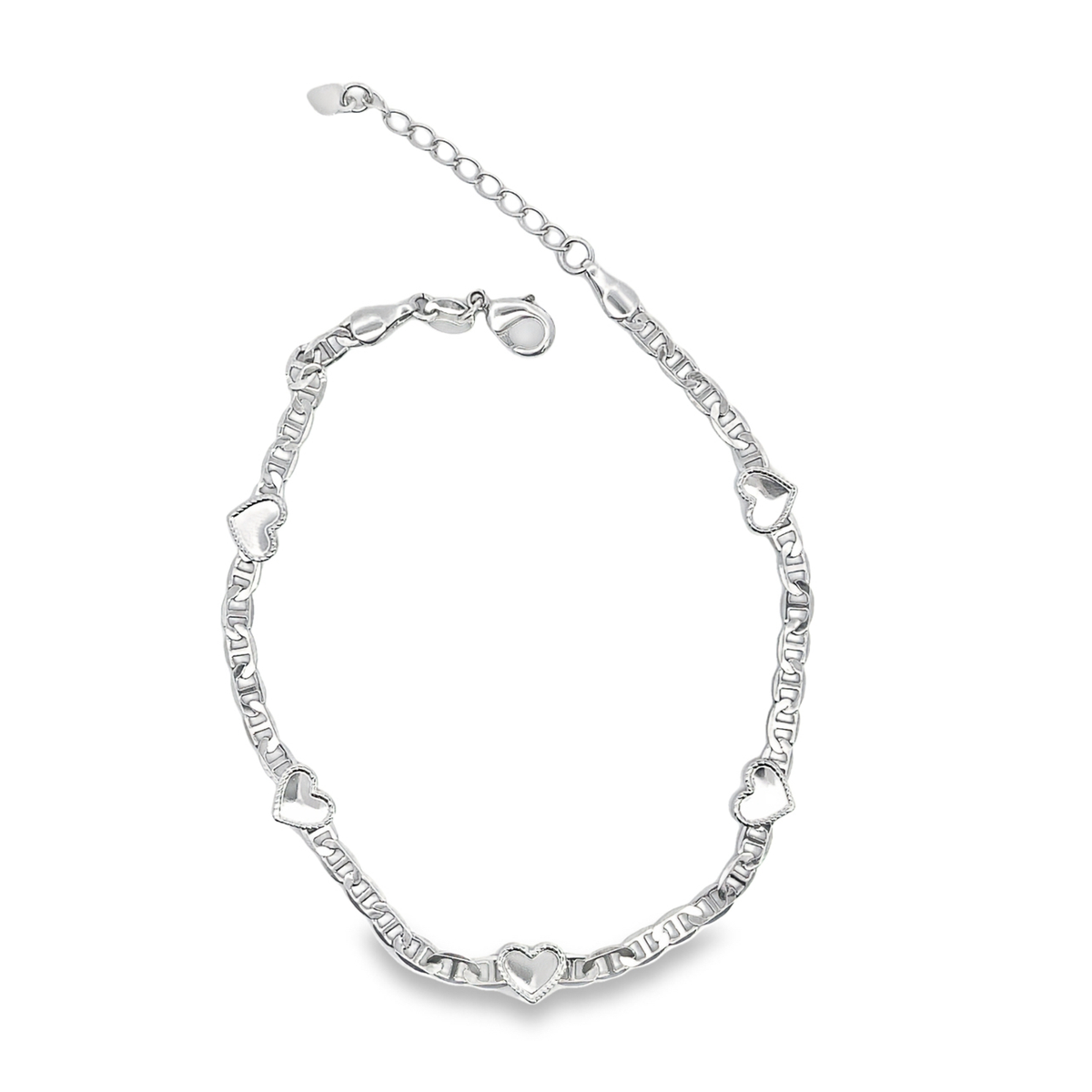 A gleaming silver chain anklet features delicate heart charms and an adjustable extension clasp against a clean white background.