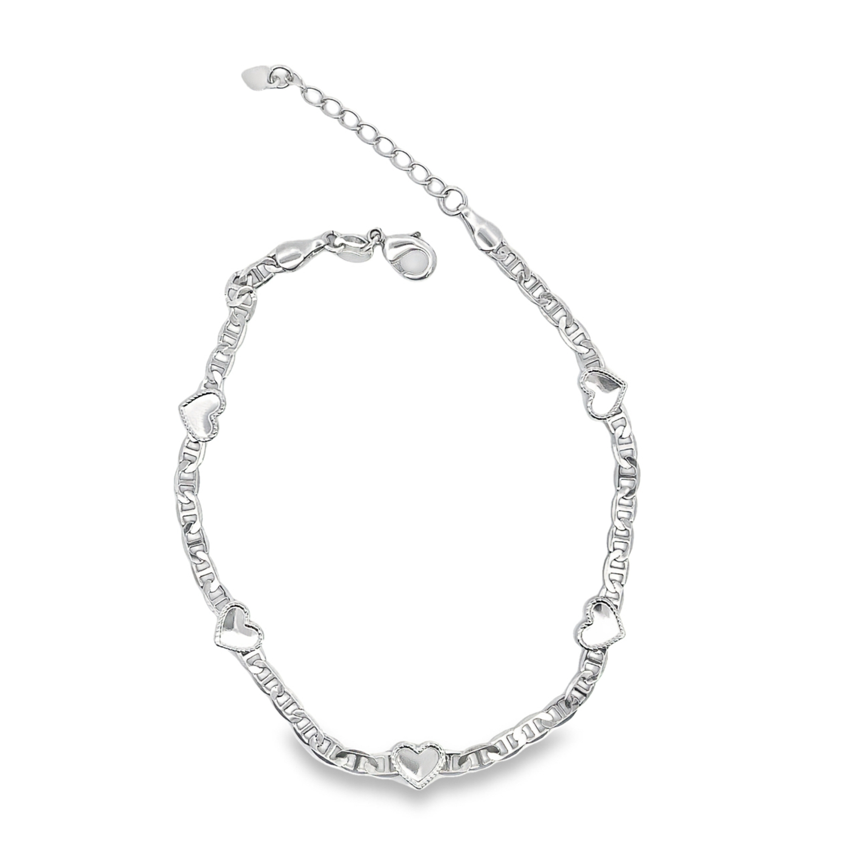 A gleaming silver heart-charm anklet displays intricate link chains against a clean white background.