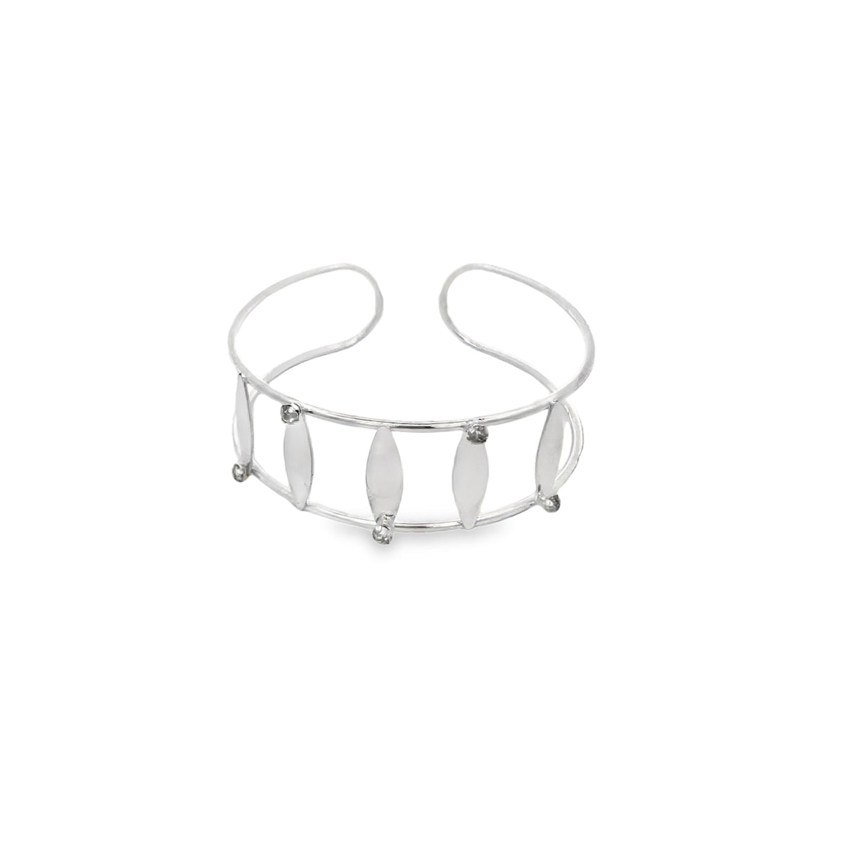 A silver cuff bracelet features an open-band design adorned with delicate leaf-shaped charms.